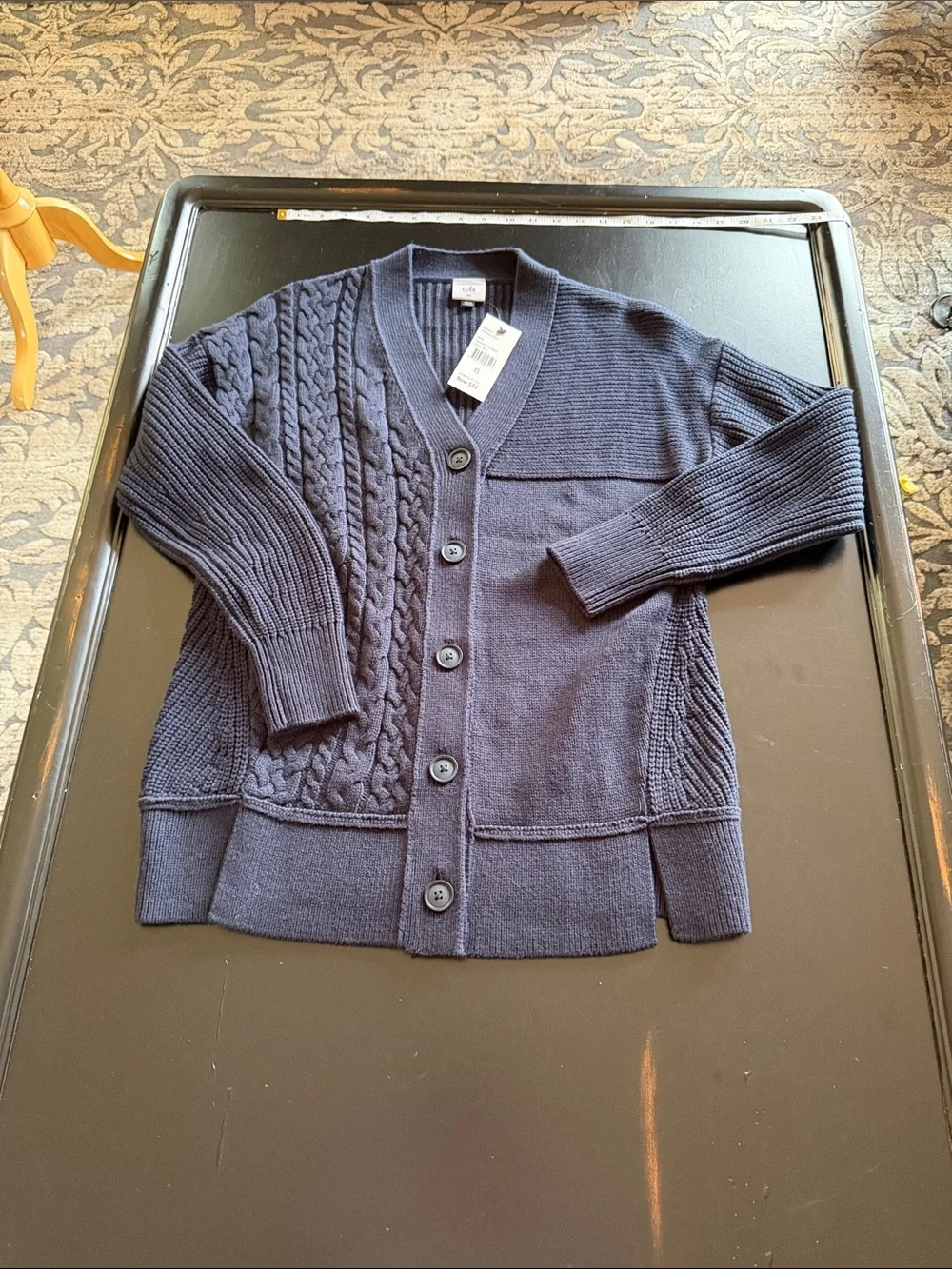 Cabi  Navy Mixed-Knit Cable Button-Front Cardigan